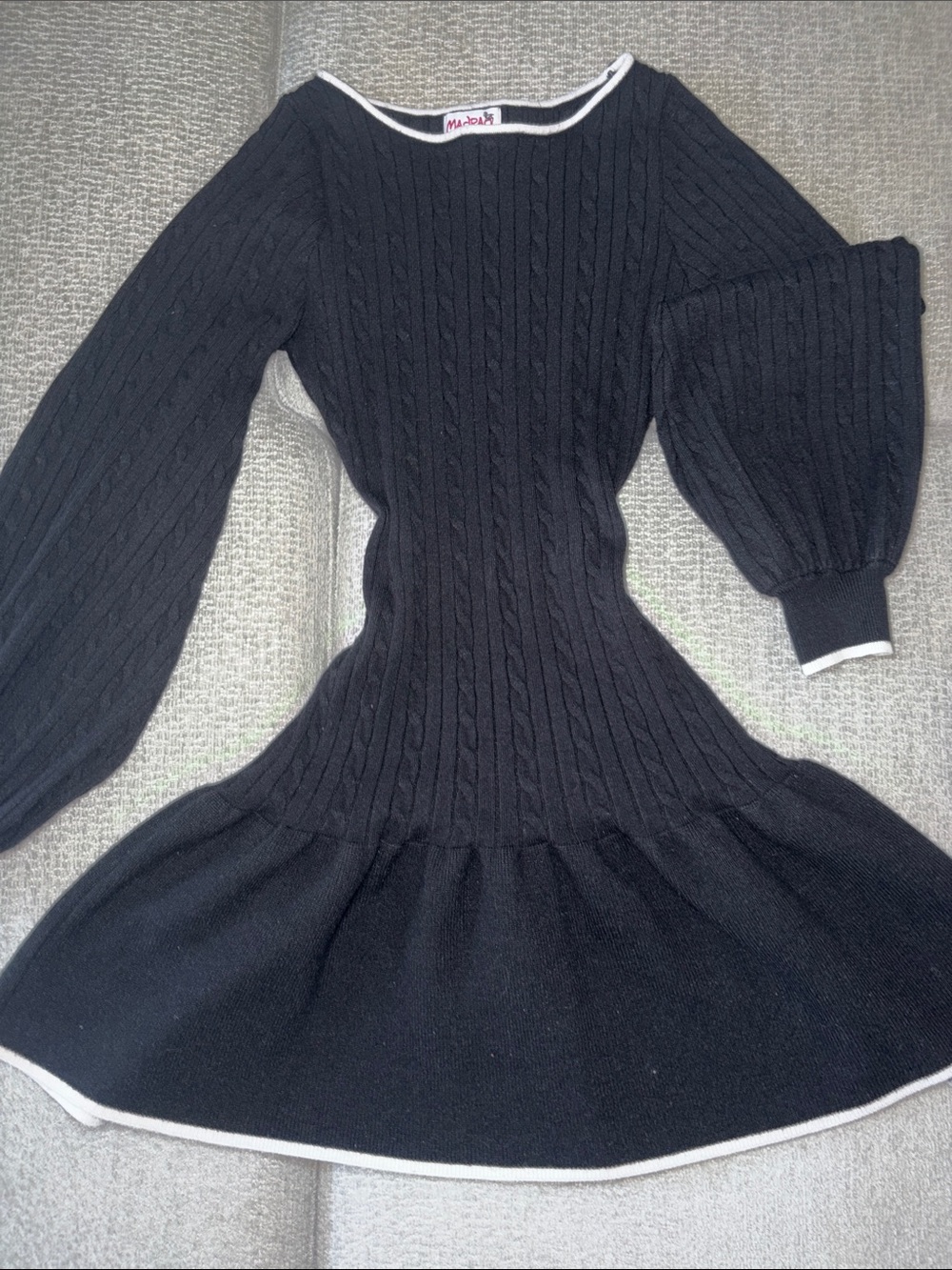 Black Cable-Knit Fit & Flare Dress with White Trim